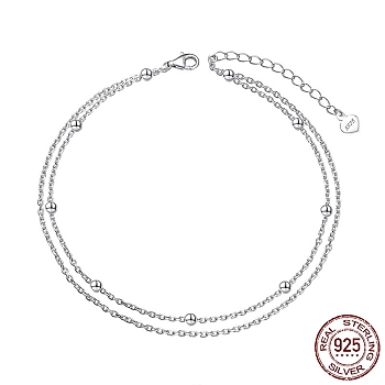 Rhodium Plated 925 Sterling Silver Double Layered Cable Chain Anklet with Beads for Women, with S925 Stamp, Real Platinum Plated, 7-7/8 inch(20cm)
