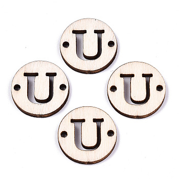 Unfinished Natural Poplar Wood Links Connectors, Laser Cut, Flat Round with Word, Letter.U, 19.5x2.5mm, Hole: 2mm