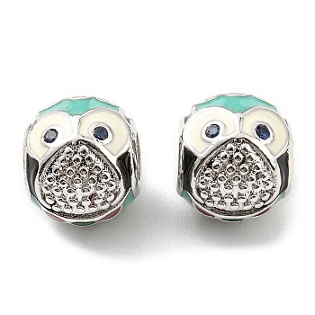 Rack Plating Brass Micro Pave Cubic Zirconia European Beads, with Enamel, Large Hole Beads, Lead Free & Cadmium Free, Owl, Platinum, 10.5x9.5mm, Hole: 4.2mm