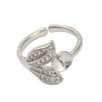 Adjustable Brass Cuff Rings, Open Rings Components, with Cubic Zirconia, Cadmium Free & Lead Free, For Half Drilled Beads, Leaf, Platinum, Tray: 5mm, 17.5mm, Pin: 0.6mm