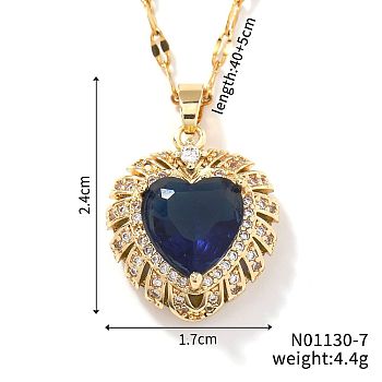 Brass Pave Cubic Zirconia Coffee Bean Chain Cute Heart Pendant Necklaces for Women, Golden, Blue, 15.75 inch(40cm)