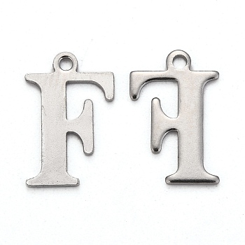 304 Stainless Steel Alphabet Charms, Stainless Steel Color, Letter.F, 12x8x1mm, Hole: 1mm