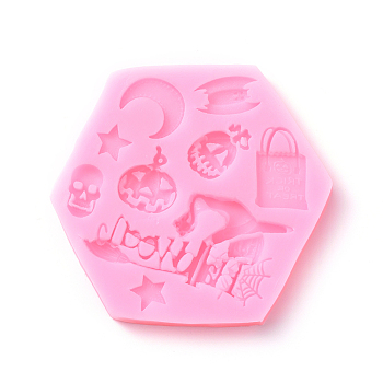 Halloween Theme Food Grade Silicone Molds, Fondant Molds, For DIY Cake Decoration, Chocolate, Candy, UV Resin & Epoxy Resin Jewelry Making, Hexagon with Mixed Shape, Pink, 90x84x10mm