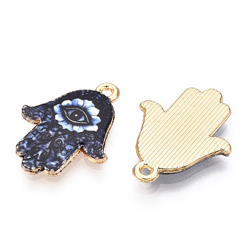 Printed Light Gold Tone Alloy Pendants, Hamsa Hand with Eye Charms, Prussian Blue, 23x18x2mm, Hole: 1.4mm