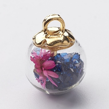 Glass Ball Pendants, with CCB Plastic Findings, Random Dried Flower and Rhinestone, Dark Blue, 20x15.5mm, Hole: 3.5mm