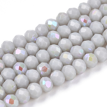 Electroplate Opaque Solid Color Glass Beads Strands, Half Rainbow Plated, Faceted, Rondelle, Light Grey, 3.5x3mm, Hole: 0.4mm, about 113~115pcs/strand, 32~33cm