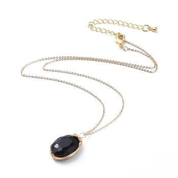 Glass Pendant Necklaces, with Copper Wire, Brass Cable Chains, Chain Extender and Lobster Claw Clasp, with Cardboard Packing Box, Oval, Black, 15.3 inch(39cm)