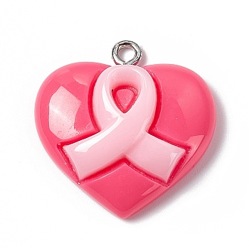 Acrylic Pendants, with Platinum Tone Iron Loop, Heart with Breast Cancer Awareness Ribbon Charm, Deep Pink, 23.5x23.4x7mm, Hole: 2mm