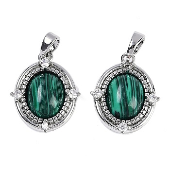 Synthetic Malachite Oval Pendants, Brass Clear Cubic Zirconia Charms, Platinum, 18x15x4.5mm, Hole: 3.5x2.5mm