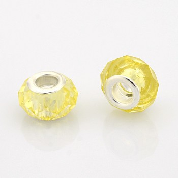 Faceted Glass European Beads, Large Hole Rondelle Beads, with Silver Color Plated Brass Cores, Champagne Yellow, 14x9mm, Hole: 5mm