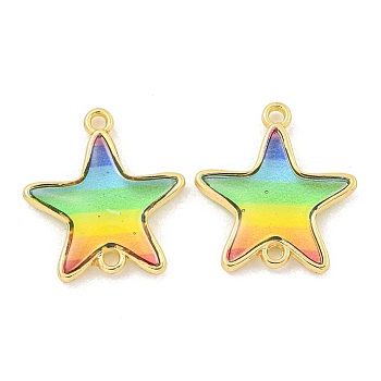 Rack Plating Brass Pave Rainbow Color Resin Connector Charms, Real 18K Gold Plated, Cadmium Free & Lead Free, Star, 18.5x16.5x3mm, Hole: 1.4mm