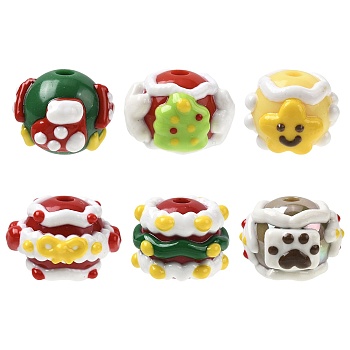 6Pcs 6 Styles Christmas Hand Painted Acrylic with Enamel Beads, Round, Mixed Shapes, 17~22.5x17~22x15mm, Hole: 3.5mm, 1pc/style