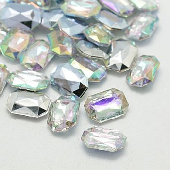 Imitation Taiwan Acrylic Rhinestone Cabochons, Pointed Back & Faceted, Rectangle Octagon, AB Color, Clear AB, 25x18x7mm