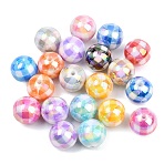 Printed Opaque Acrylic Beads, UV Plating Beads, Iridescent, Round with Grid Shapes, Mixed Color, 15mm, Hole: 2.5mm(MACR-B838-08)