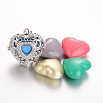 Eco-Friendly Rack Plating Brass Cage Pendants, Chime Ball Pendants, Hollow Heart, with Random Color No Hole Spray Painted Brass Beads, Cadmium Free & Nickel Free & Lead Free, Platinum, 31x32x17mm, Hole: 9x3.5mm(KK-M177-04P-NR)
