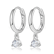 Rhodium Plated Platinum 925 Sterling Silver Hoop Earrings, with Cubic Zirconia Diamond Charms, with S925 Stamp, Clear, 17mm(MN0975-01)