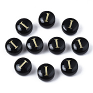 Handmade Lampwork Beads, with Golden Plated Brass Etched Metal Embellishments, Flat Round with Alphabet, Letter.I, 8x5mm, Hole: 0.8mm(LAMP-S196-001I)