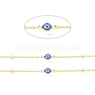 Brass Drawn Elongated Cable Chains, with Round Glass and Evil Eyes Enamel, Long-Lasting Plated, Soldered, with Spool, Real 18K Gold Plated, Link: 2.5x1x0.3mm, Eye: 13x7x2mm, Round: 4mm, about 32.8 Feet(10m)/roll(CHC-I031-08G)