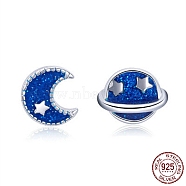 Rhodium Plated 925 Sterling Silver Enamel Stud Earrings, Asymmetrical Earrings, Moon & Sun, with 925 Stamp, Real Platinum Plated , Dodger Blue, 7x6mm, 6x8mm(EJEW-FF0008-010P)