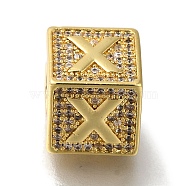 Brass Cubic Zirconia Beads, Letter X, Square, Letter X, 9.5x9.5x9.5mm, Hole: 6mm(KK-Q818-01X-G)