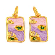 Rack Plating Brass Enamel Pendants, with Jump Ring, Long-Lasting Plated, Lead Free & Cadmium Free, Real 18K Gold Plated, Rectangle with Lotus Leaf Charm, Medium Orchid, 18.5x11.5x3mm, Hole: 5mm(KK-Z054-06G)