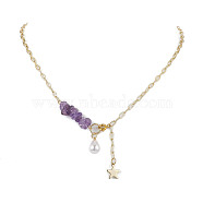 Natural Amethyst Chip Beads Necklaces, Star Brass Pendant ABS Plastic Imitation Pearl Necklaces, Golden, 18.90 inch(48cm)(NJEW-JN04943)