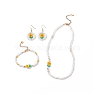 Glass Flower & Shell Pearl Beaded Dangle Earrings Bracelet Necklace, Floral Brass Jewelry Set for Girl Women, Golden, 7.24 inch(18.4cm), 17.36 inch(44.1cm), 51mm, Pin: 0.8mm(SJEW-TA00006)