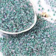 Transparent Inside Colours Glass Seed Beads, Round Hole, Round, Medium Aquamarine, 4x3mm, Hole: 1.4mm, about 6428pcs/pound(SEED-A032-04H)