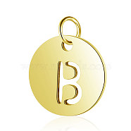 304 Stainless Steel Charms, Flat Round with Letter, Golden, Letter.B, 12x1mm, Hole: 2.5mm(STAS-S105-T514G-B)