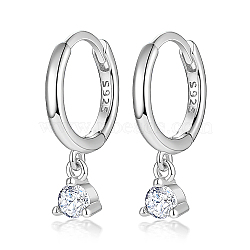 Anti-Tarnish Rhodium Plated Platinum 925 Sterling Silver Hoop Earrings, with Cubic Zirconia Diamond Charms, with S925 Stamp, Clear, 17mm(MN0975-01)