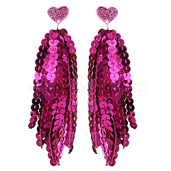 Heart Acrylic & Plastic Glitter Tassel Stud Earrings, Golden, Medium Violet Red, 110mm(FS-WGEB983-12)