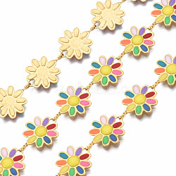 304 Stainless Steel & Enamel Link Chains, with Spool, Unwelded, Real 16K Gold Plated, Nickel Free, Flower, Colorful, 13.5x10x1mm, about 16.4 Feet(5m)/roll(CHS-Q004-001J-NF)