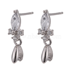 Rhodium Plated 925 Sterling Silver Stud Earring Findings, with Micro Pave Cubic Zirconia, Bar Links and Ice Pick Pinch Bail, Platinum, 16mm, Pin: 0.8mm(STER-F048-34P)