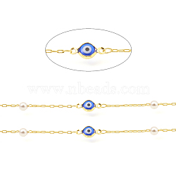 Brass Drawn Elongated Cable Chains, with Round Glass and Evil Eyes Enamel, Long-Lasting Plated, Soldered, with Spool, Real 18K Gold Plated, Link: 2.5x1x0.3mm, Eye: 13x7x2mm, Round: 4mm, about 32.8 Feet(10m)/roll(CHC-I031-08G)