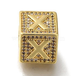 Brass Cubic Zirconia Beads, Letter X, Square, Letter X, 9.5x9.5x9.5mm, Hole: 6mm(KK-Q818-01X-G)