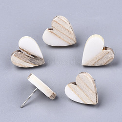 Resin & Wood Stud Earrings, with 304 Stainless Steel Pin, Heart, Creamy White, 15x14~15mm, Pin: 0.7mm(EJEW-N017-002A-C04)