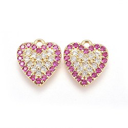 Brass Micro Pave Cubic Zirconia Pendants, Heart, Fuchsia, Real 18K Gold Plated, 13.3x12x2.7mm, Hole: 1.4mm(KK-I648-08A)