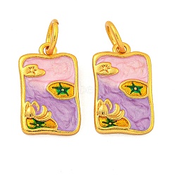 Rack Plating Brass Enamel Pendants, with Jump Ring, Long-Lasting Plated, Lead Free & Cadmium Free, Real 18K Gold Plated, Rectangle with Lotus Leaf Charm, Medium Orchid, 18.5x11.5x3mm, Hole: 5mm(KK-Z054-06G)