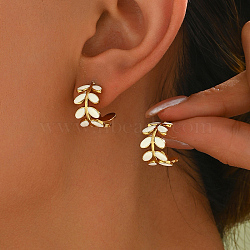 Stainless Steel Leaf Stud Earrings, Golden, White(HA6240-2)