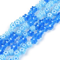 Handmade Millefiori Glass Bead Strands, Flower, Blue, 3.7~5.6x2.6mm, Hole: 1mm, about 88~110pcs/Strand, 15.75''(40cm)(X-LAMP-J035-4mm-09)