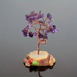 Natural Amethyst Chips Tree Decorations, Stump Base Copper Wire Feng Shui Energy Stone Gift for Home Desktop Decoration, 47x80~100mm(PW-WG17581-01)