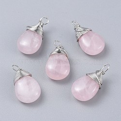 Natural Rose Quartz Pendants, with Platinum Plated Brass Wire, Teardrop, 24~30x13~16x8mm, Hole: 3x3.5mm(G-K305-D03-P)