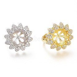 Adjustable Brass Finger Ring Components, with Micro Pave Cubic Zirconia, For Half Drilled Beads, Long-Lasting Plated, Flower, Clear, Mixed Color, US Size 7, Inner Diameter: 17.3mm, Tray: 10mm(ZIRC-I049-06)