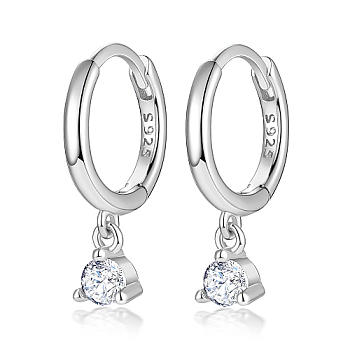 Rhodium Plated Platinum 925 Sterling Silver Hoop Earrings, with Cubic Zirconia Diamond Charms, with S925 Stamp, Clear, 17mm