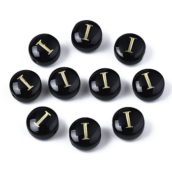 Handmade Lampwork Beads, with Golden Plated Brass Etched Metal Embellishments, Flat Round with Alphabet, Letter.I, 8x5mm, Hole: 0.8mm