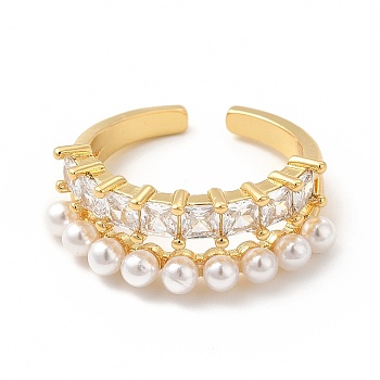 Clear Cubic Zirconia Open Cuff Ring with Plastic Pearl Beaded, Brass Jewelry for Women, Cadmium Free & Lead Free, Real 18K Gold Plated, US Size 7 1/4(17.5mm)