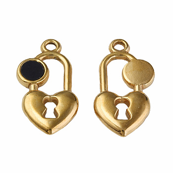 304 Stainless Steel Pendants, with Dyed Black Shell, Heart-Shaped Lock, Golden, 20x11x2.5mm, Hole: 1.6mm