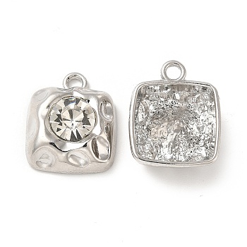 Rack Plating Alloy Glass Pendants, Square Charms, Clear, Cadmium Free & Lead Free, Platinum, 17x14x6mm, Hole: 2mm