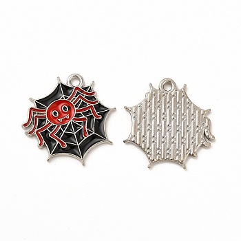 Rack Plating Halloween Alloy Enamel Pendants, Cadmium Free & Nickel Free & Lead Free, Spider Web with Spider, Platinum, Red, 20.5x20.5x1.5mm, Hole: 1.6mm