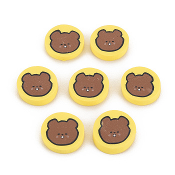 Handmade Polymer Clay Cabochons, Flat Round with Bear, Yellow, 9~9.5x2mm, about 4700pcs/1000g